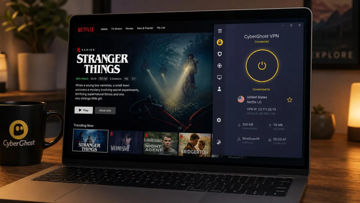 A laptop streaming a Netflix show while connected to a CyberGhost streaming-optimized server, with the CyberGhost app visible showing the connected US Netflix server.