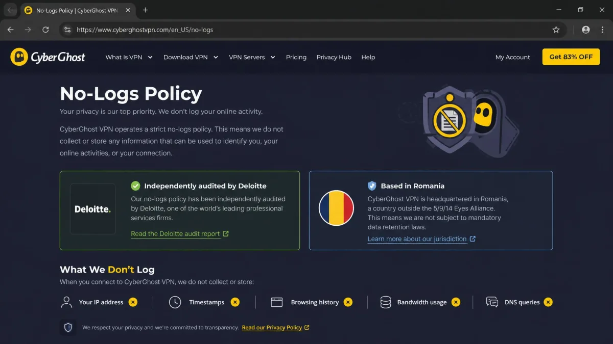 CyberGhost no-logs policy page in a browser highlighting the independent Deloitte audit and the company's Romania jurisdiction statement.