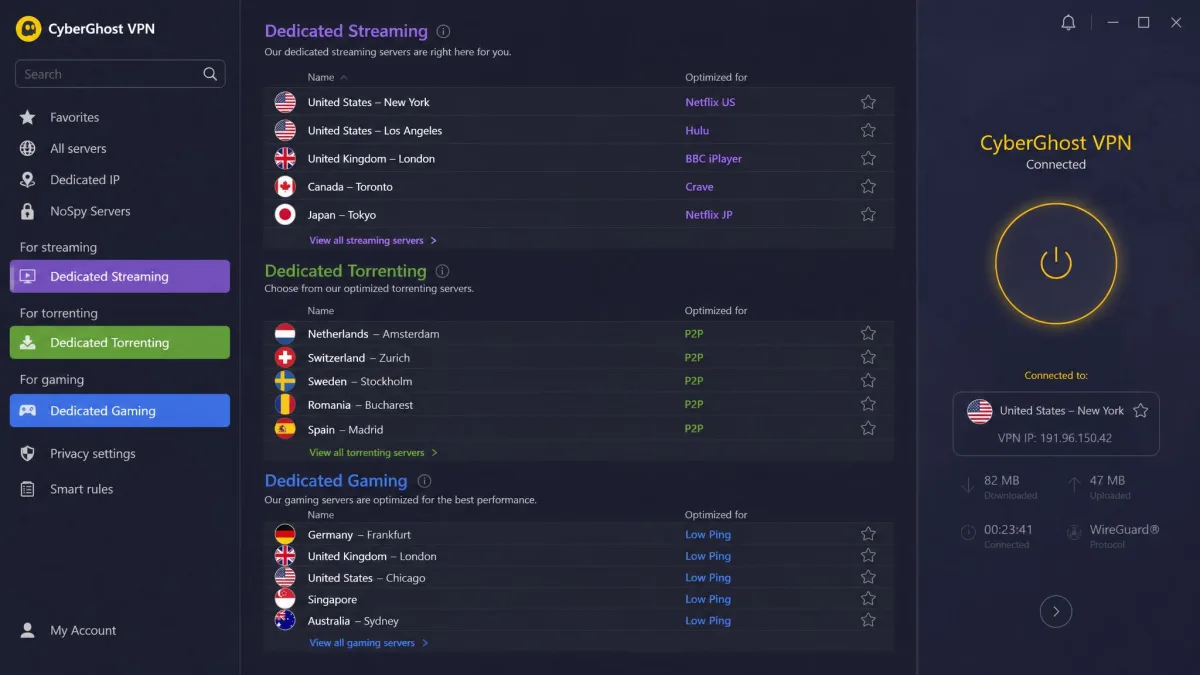 CyberGhost app showing the dedicated streaming, torrenting, and gaming server tabs in the sidebar, each listing purpose-labeled server locations.
