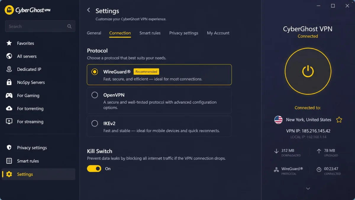 CyberGhost VPN settings screen open to the connection protocol menu, showing WireGuard, OpenVPN, and IKEv2 options with WireGuard selected and the kill switch toggle enabled.