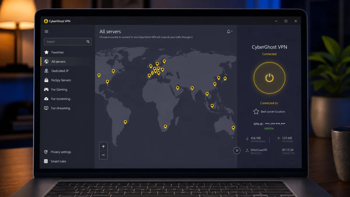 CyberGhost VPN desktop app open on a laptop showing its world map of server locations with a connected status and the current IP address hidden.