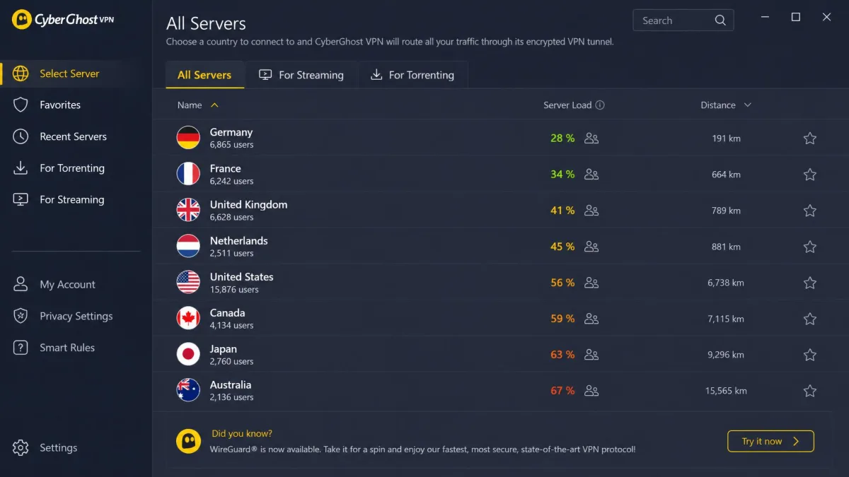 CyberGhost VPN server selection screen listing countries with server load percentages and distance, plus dedicated tabs for streaming and torrenting optimized servers.