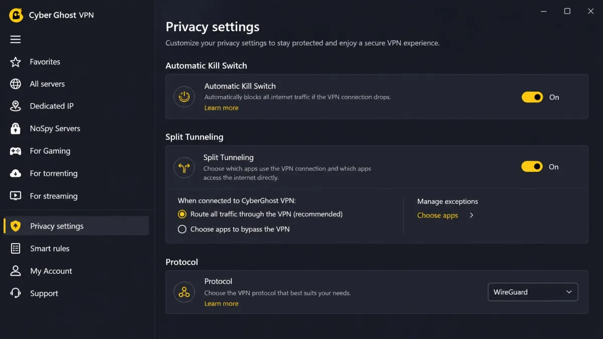 CyberGhost app settings screen showing the automatic kill switch toggle, split tunneling options, and protocol selection set to WireGuard.