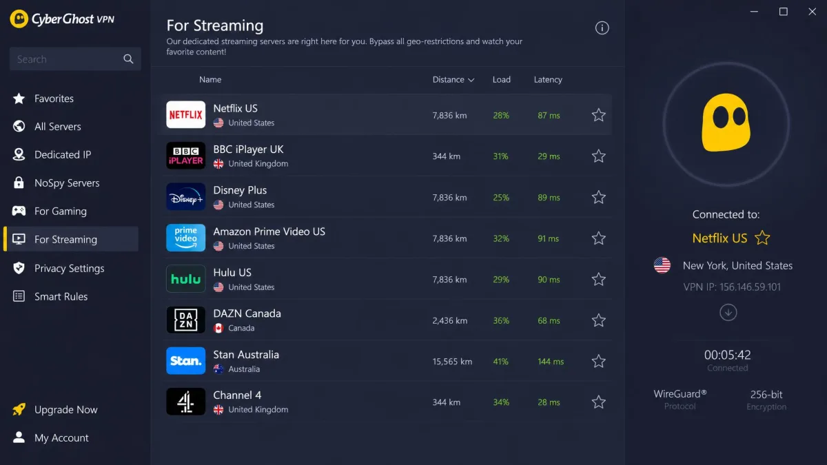 CyberGhost VPN streaming server list showing dedicated servers each labeled with a specific platform and region such as Netflix US, BBC iPlayer UK, and Disney Plus, with latency and load indicators.
