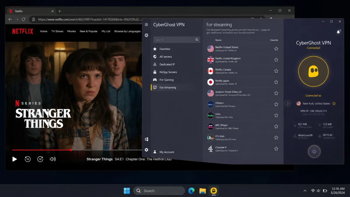 CyberGhost streaming-optimized server list labeled by service such as Netflix US and BBC iPlayer, with a Netflix show playing in a browser window behind the app.