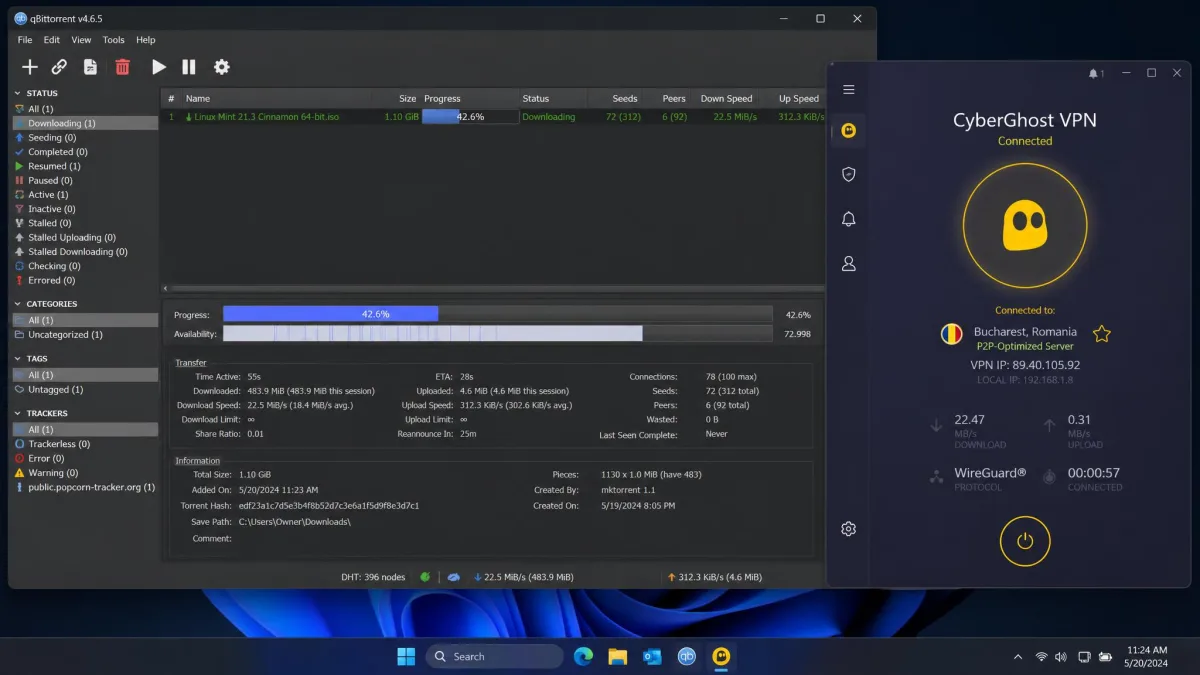 CyberGhost app connected to a P2P-optimized server with a torrent client in the background downloading a 1.1GB file, showing a fast download speed.