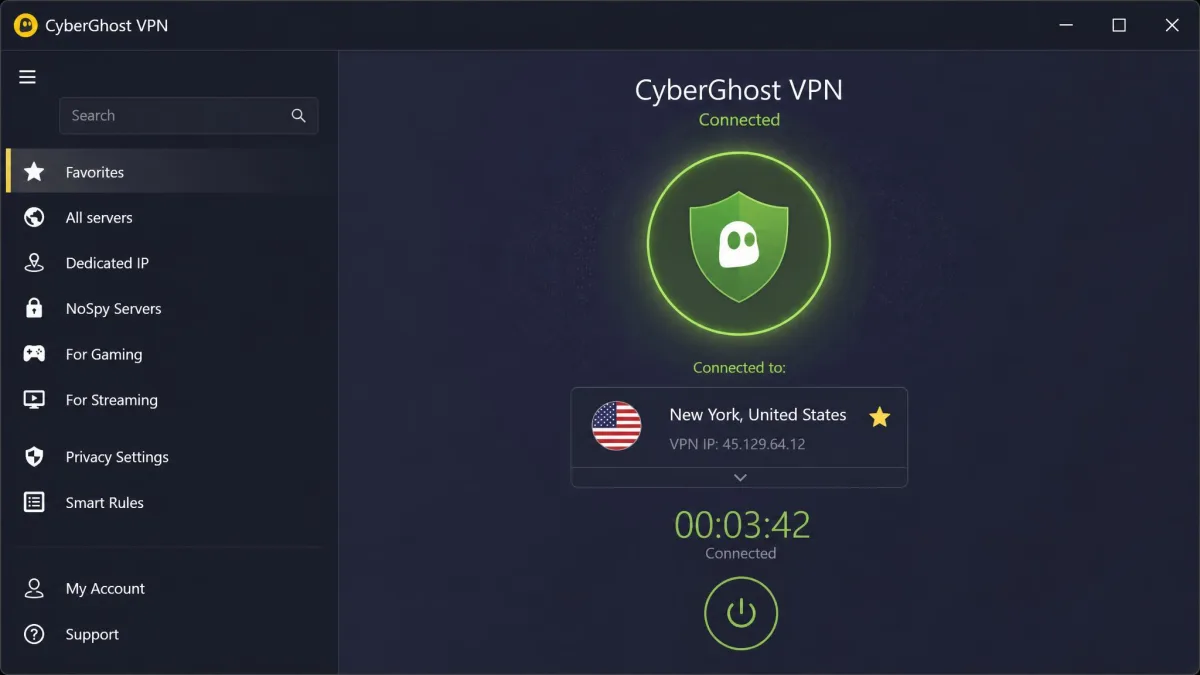 CyberGhost VPN Windows app showing a connected status with a green shield, the selected server location, and the connection timer running.