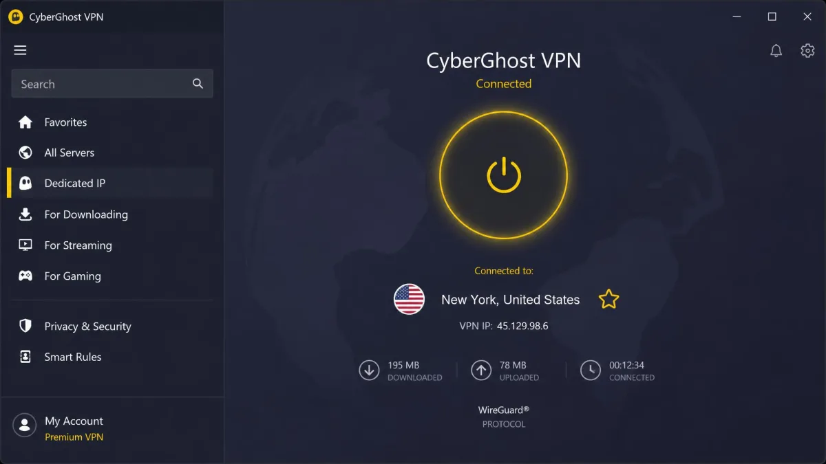 CyberGhost VPN Windows app connected to a server, showing the large connect button, the current server location, and the sidebar with dedicated streaming and torrenting server tabs.
