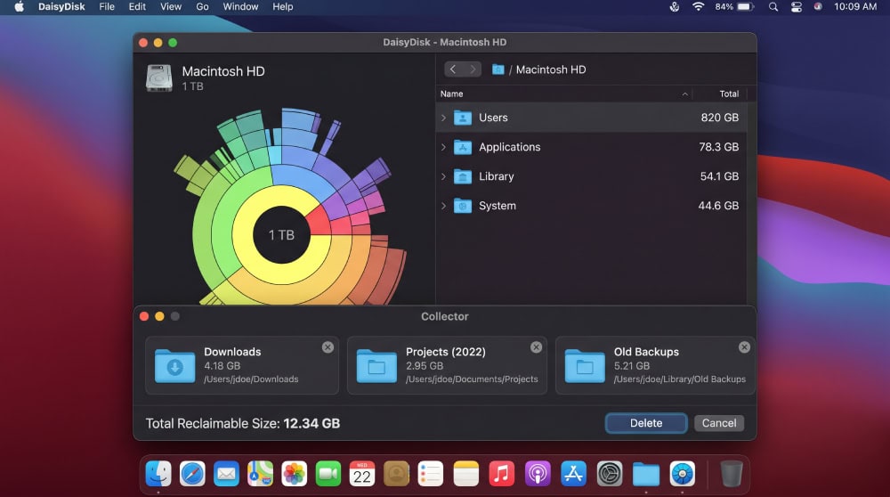 DaisyDisk Collector tray at the bottom of the window holding three selected folders queued for deletion, with a Delete button and total reclaimable size shown.