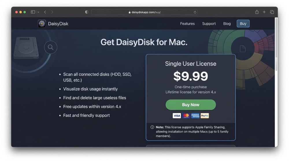 DaisyDisk pricing page on daisydiskapp.com showing the $9.99 one-time license with a Buy Now button and a note about Family Sharing for multiple Macs.