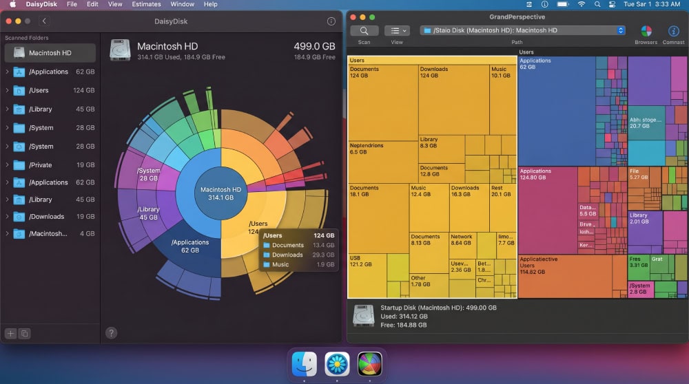 Side-by-side comparison of DaisyDisk's circular sunburst map and GrandPerspective's rectangular treemap, both analyzing the same macOS startup disk.
