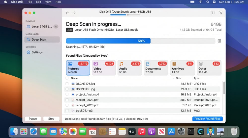 Disk Drill Deep Scan running on a 64GB USB drive showing a progress bar at 58 percent and a live count of found files grouped by type.