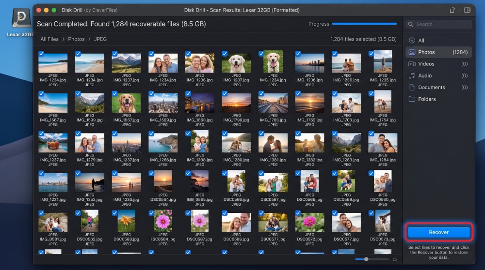 Disk Drill recovery results showing a grid of recovered JPEG photo thumbnails from a formatted USB drive with checkboxes selected and a Recover button highlighted.