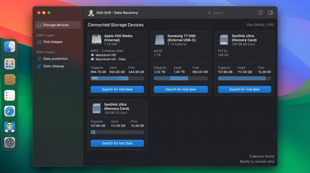 macOS full-disk-access permission dialog requested by Disk Drill during setup, with the system Privacy and Security panel open behind it.