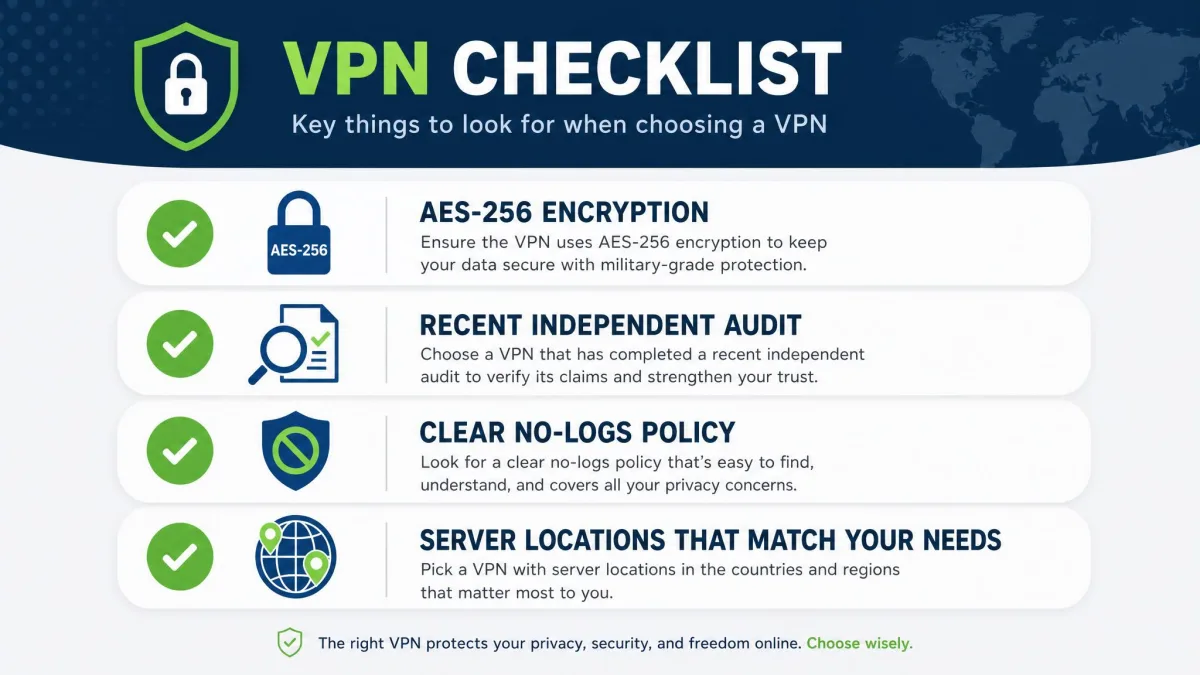 Checklist graphic for choosing a VPN highlighting AES-256 encryption, a recent independent audit, a clear no-logs policy, and server locations that match the user's needs.