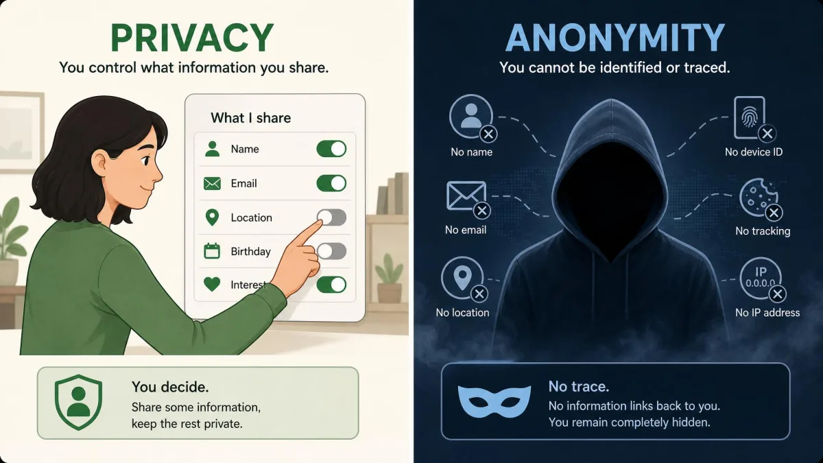 Side-by-side illustration contrasting privacy, shown as a person controlling what information they share, with anonymity, shown as a fully hidden figure that cannot be traced.
