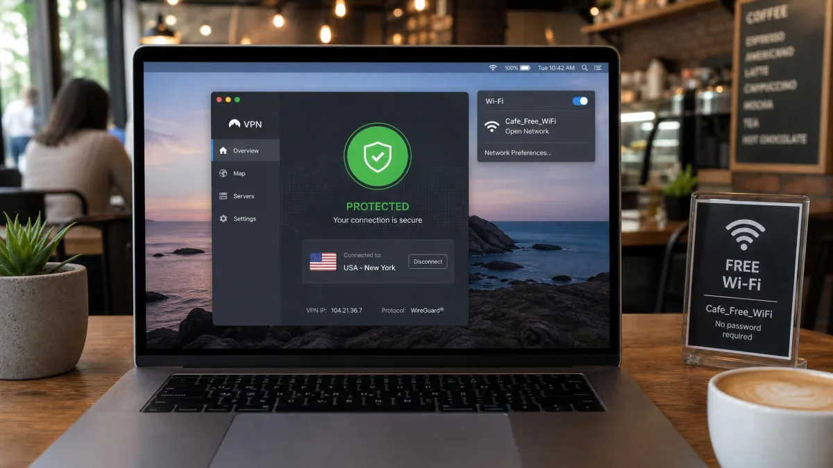 Laptop screen in a cafe showing a VPN app connected with a green "protected" status indicator while joined to an open public Wi-Fi network.