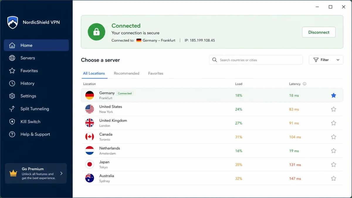 VPN desktop app open on a server-selection screen with a connected status banner at the top and a list of country server locations to choose from.