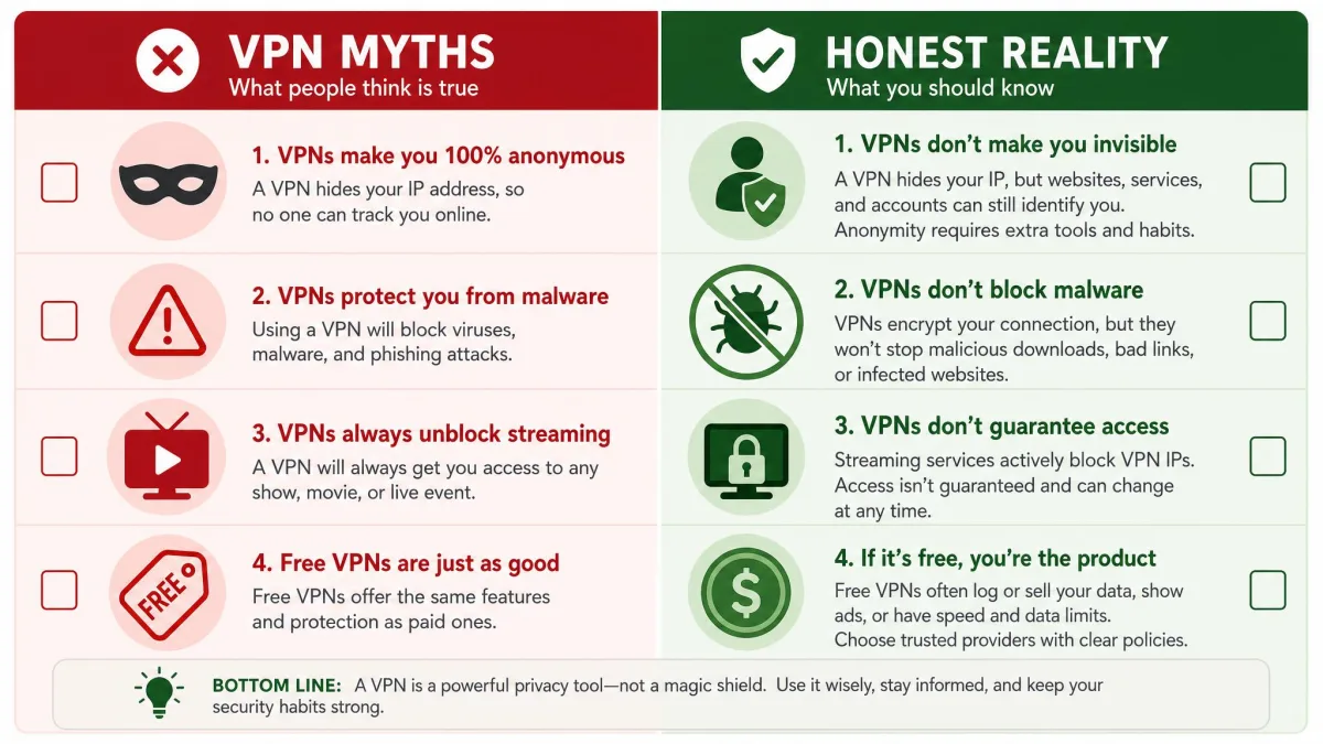 Two-column checklist graphic contrasting common VPN myths on the left with the honest reality on the right, covering anonymity, malware, streaming, and free services.