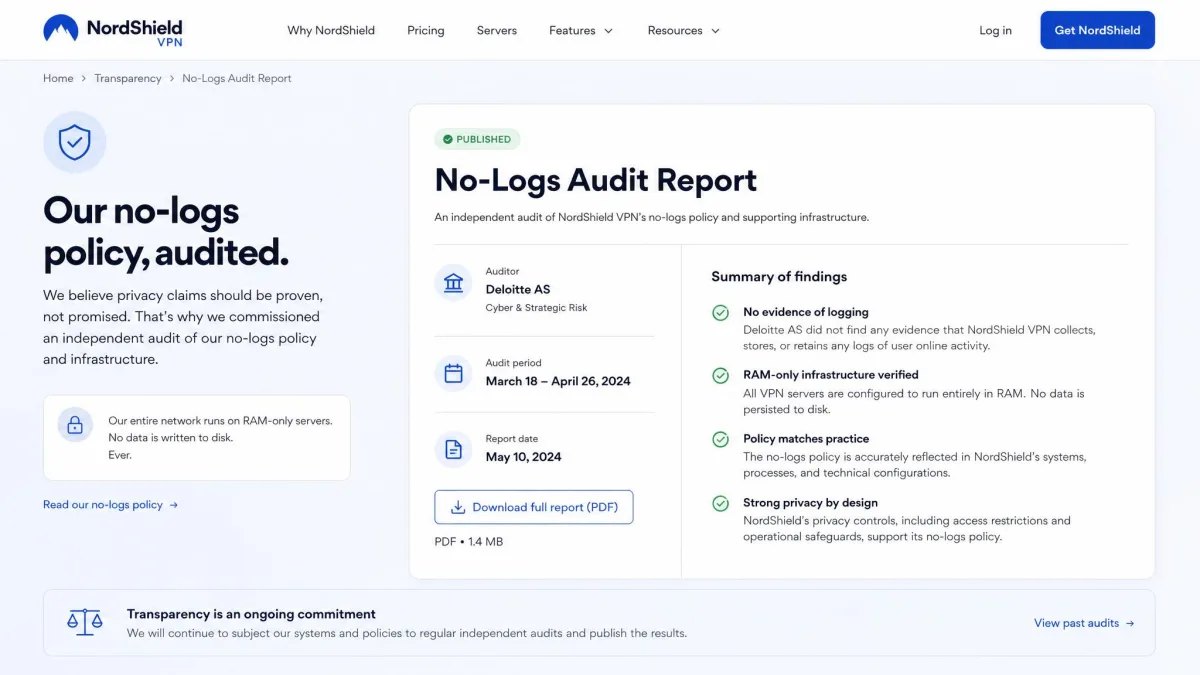 VPN provider web page showing a published third-party no-logs audit report with the auditor's name, date, and a summary of findings.