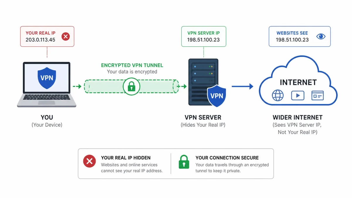 Simple diagram showing a laptop connecting through an encrypted VPN tunnel to a VPN server, which then forwards traffic to the wider internet, with the user's real IP hidden.