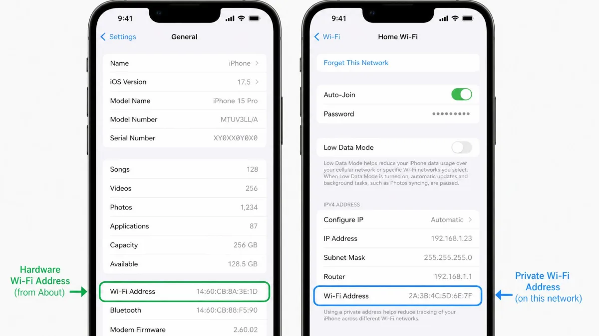 Side-by-side iPhone screenshots comparing the hardware Wi-Fi Address on the Settings General About screen with a different private Wi-Fi address shown on a network's info screen.