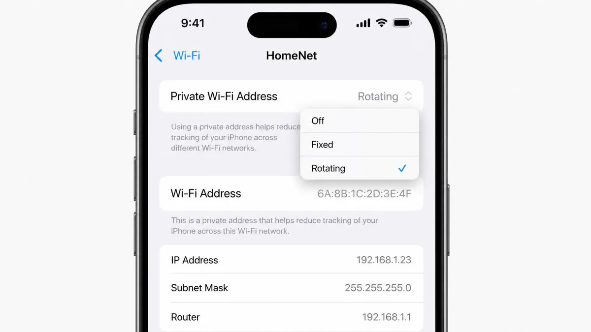 iPhone Wi-Fi network info screen showing the Private Wi-Fi Address menu open with Off, Fixed and Rotating options and the private address displayed below.