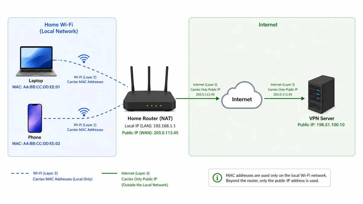 Diagram showing a laptop and phone connected to a home router, with MAC addresses labeled on the local Wi-Fi link and only the public IP address continuing past the router to the internet and a VPN server.