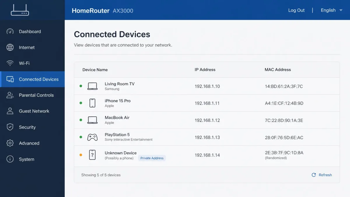Home router admin page listing connected devices by name, local IP address and MAC address, with one phone using a randomized address shown as an Unknown device.