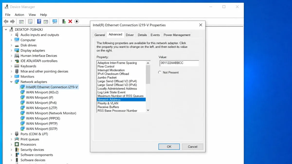 Windows Device Manager adapter Properties window on the Advanced tab with Network Address selected and a 12-digit hexadecimal value typed into the Value box.
