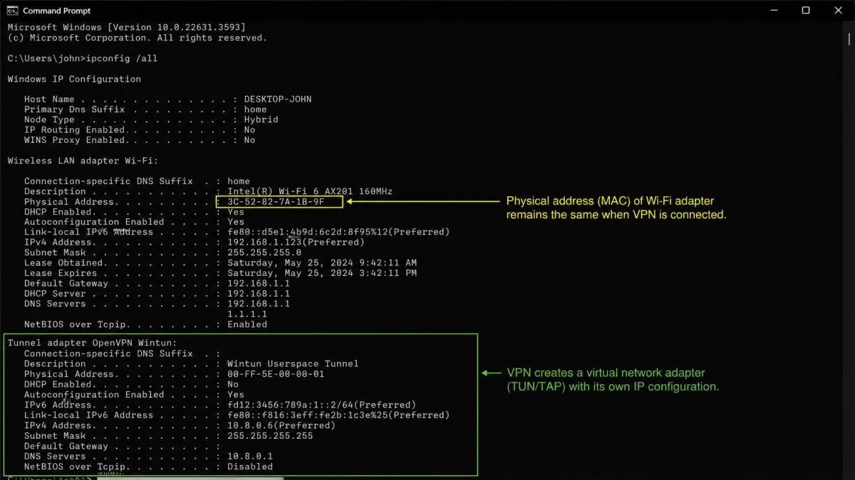 Windows Command Prompt showing ipconfig /all output with a VPN connected, highlighting the unchanged Physical Address under Wireless LAN adapter Wi-Fi and a separate virtual adapter entry for the VPN tunnel.