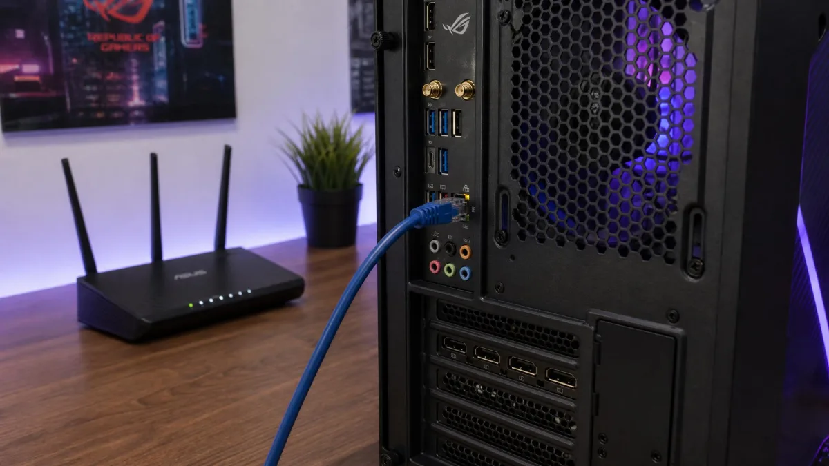 An Ethernet cable plugged into the network port on the back of a gaming PC, with a Wi-Fi router visible on the desk behind it.