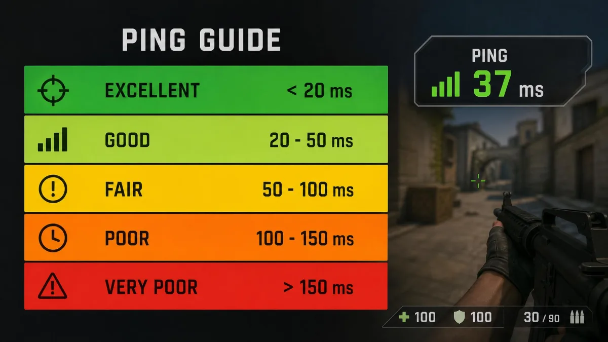 A horizontal color-banded chart of gaming ping ranges, green under 20 ms, light green 20 to 50 ms, yellow 50 to 100 ms, orange 100 to 150 ms and red above 150 ms, with a game HUD ping counter shown beside it.