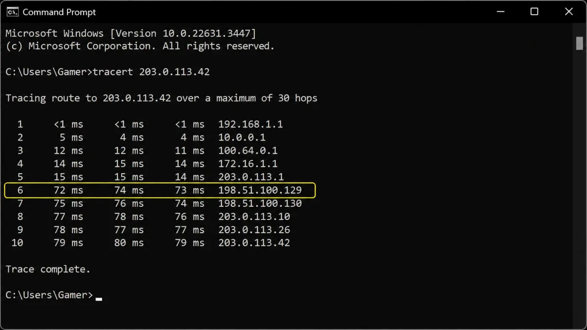 A Windows Command Prompt window showing tracert output to a game server IP address, with one mid-route hop highlighted where latency jumps from about 15 ms to over 70 ms.
