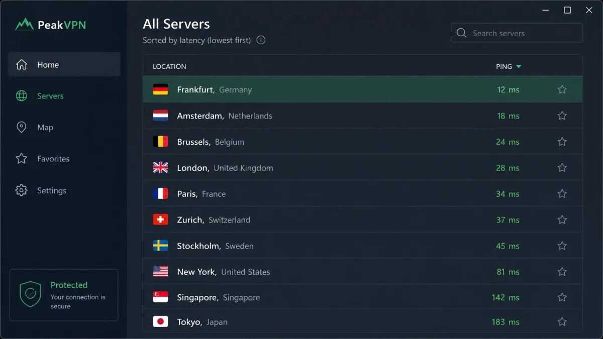 A VPN desktop app's server list sorted by latency, with a Frankfurt server highlighted at the top and ping values in milliseconds shown next to each city.