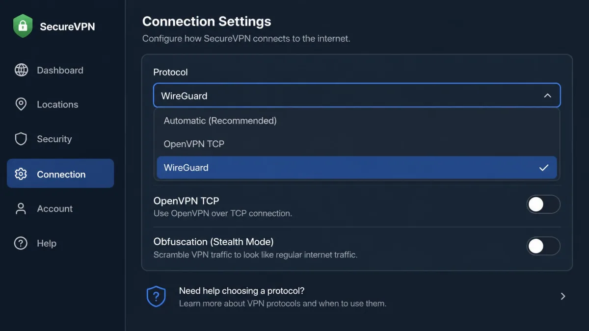 A VPN app's connection settings panel with the protocol dropdown open and WireGuard selected, while OpenVPN TCP and an obfuscation toggle sit switched off below it.
