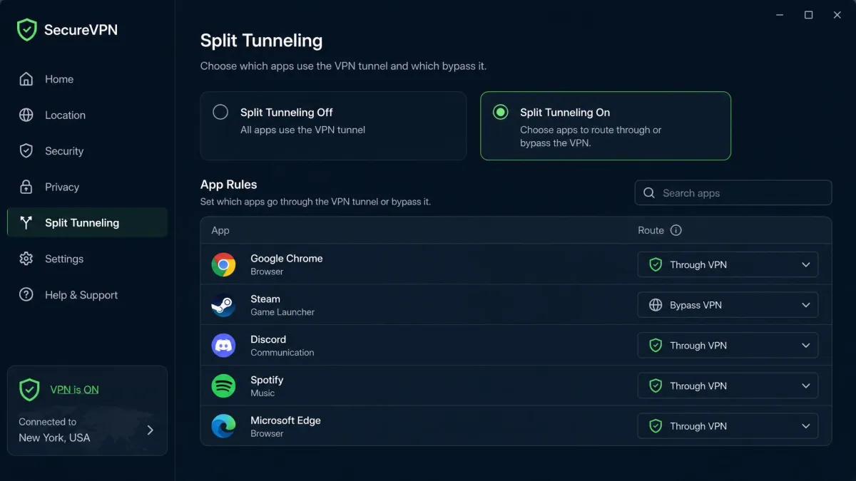 A VPN app's split tunneling settings screen with a list of installed apps, where a game launcher is toggled to bypass the VPN while the web browser stays inside the tunnel.