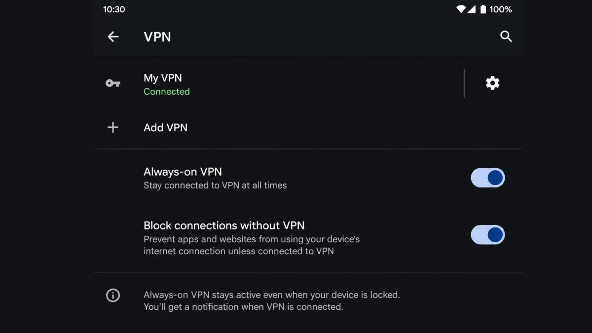 Android VPN settings with Always-on VPN and Block connections without VPN switched on.