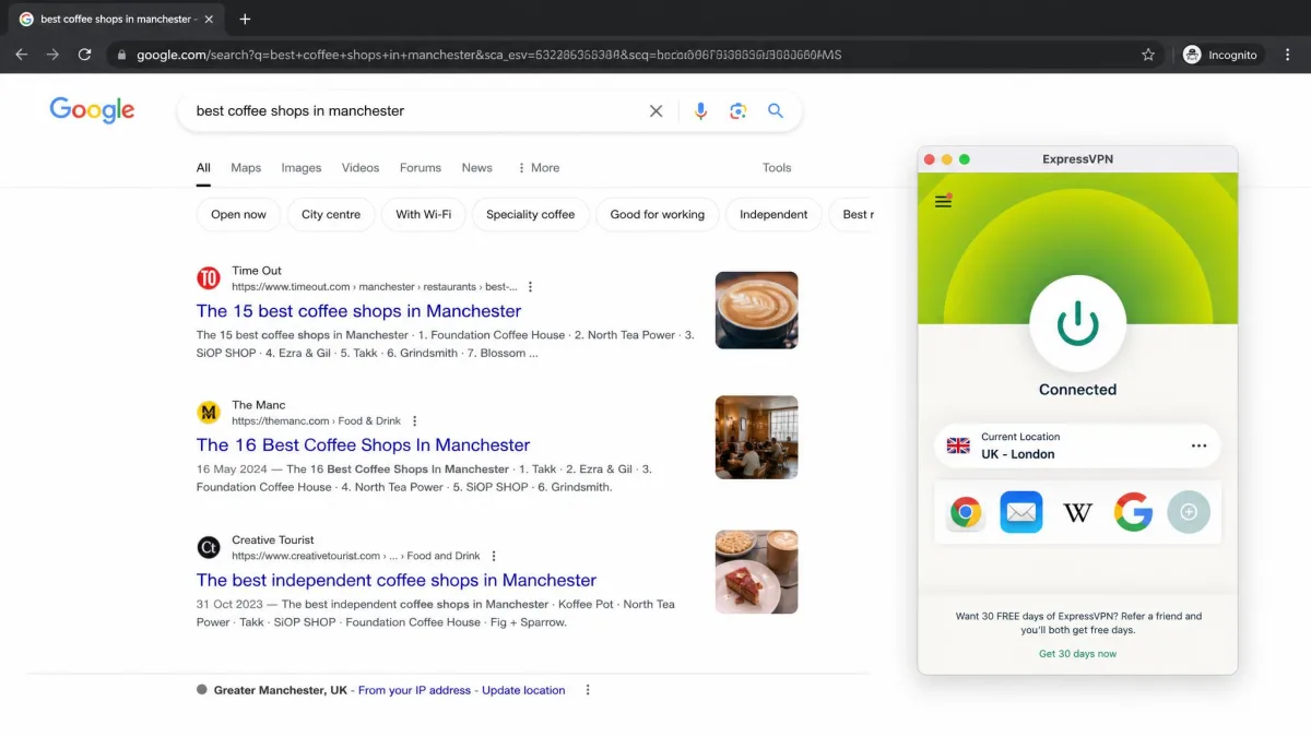 Google Search results with a VPN connected to a UK server, still showing the user's home city in the footer location line.