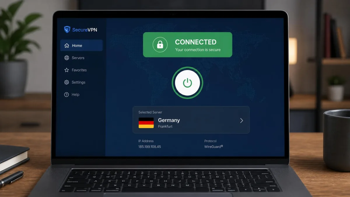 A VPN app on a laptop with a server in Germany selected and a green connected banner.