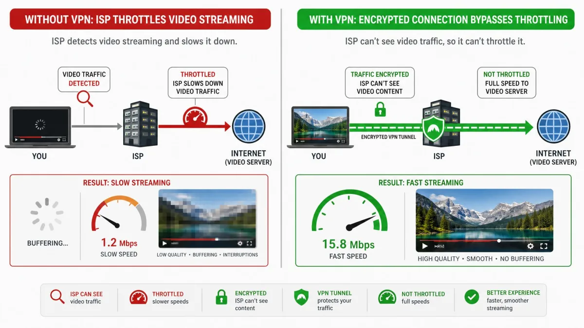 A diagram showing an ISP throttling video streaming traffic on the left and a VPN-encrypted connection bypassing that throttling on the right, with faster streaming as the result.