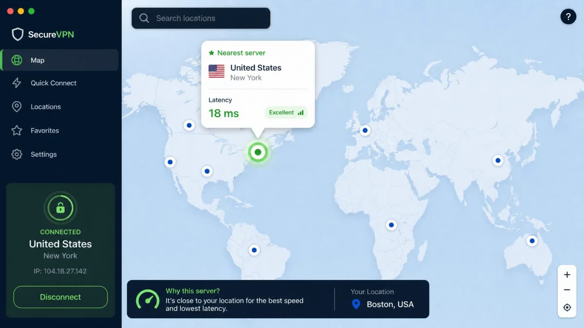 A VPN app map interface with the nearest server location highlighted, showing a low latency figure to illustrate choosing a close server for higher speed.