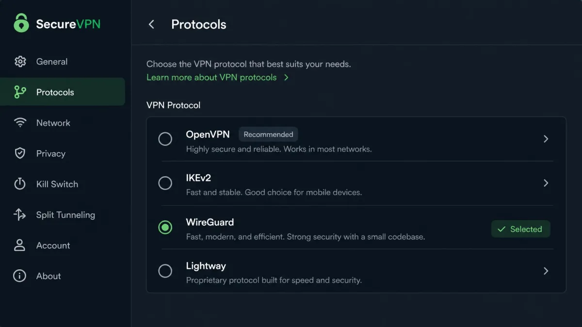 A VPN app settings screen showing the protocol menu with WireGuard selected among options including OpenVPN, IKEv2, and Lightway.
