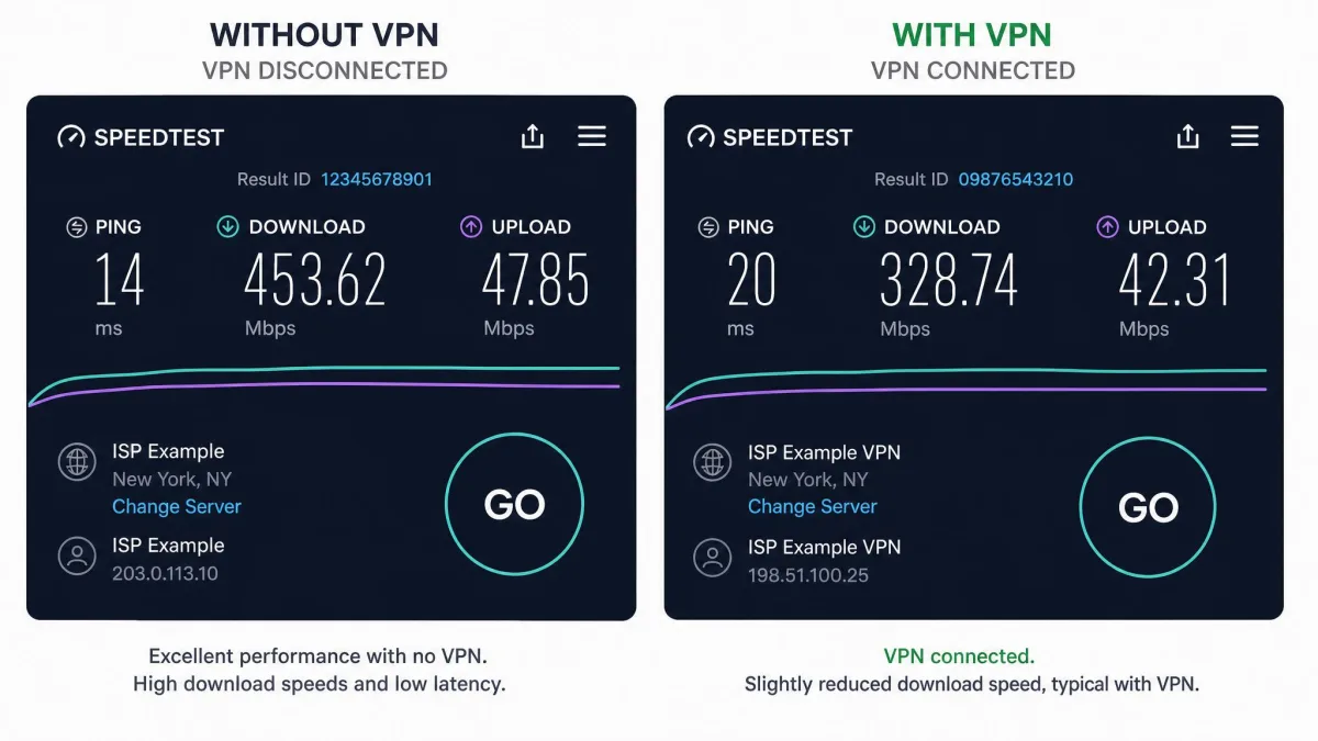 Two side-by-side internet speed test results, one without a VPN showing high download speed and one with a VPN connected showing a modest reduction, illustrating typical VPN slowdown.