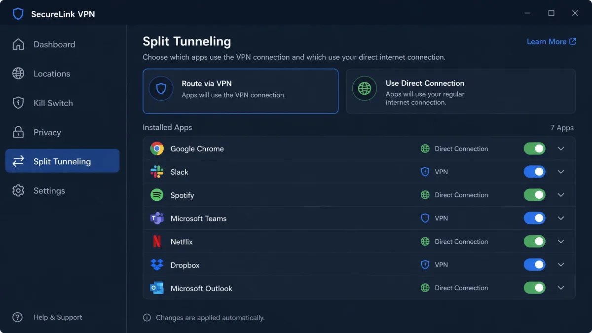 A VPN split tunneling settings screen listing installed apps with toggles choosing which route through the VPN and which use the direct connection.