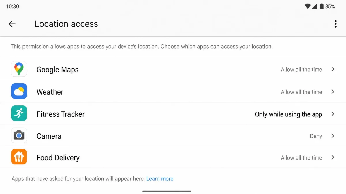 Android app permissions screen showing a list of apps with location access, with one app's setting changed to Only while using the app.