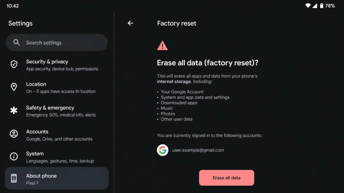 Android settings screen showing the factory reset confirmation prompt, with a warning that all apps and data will be erased from the device.