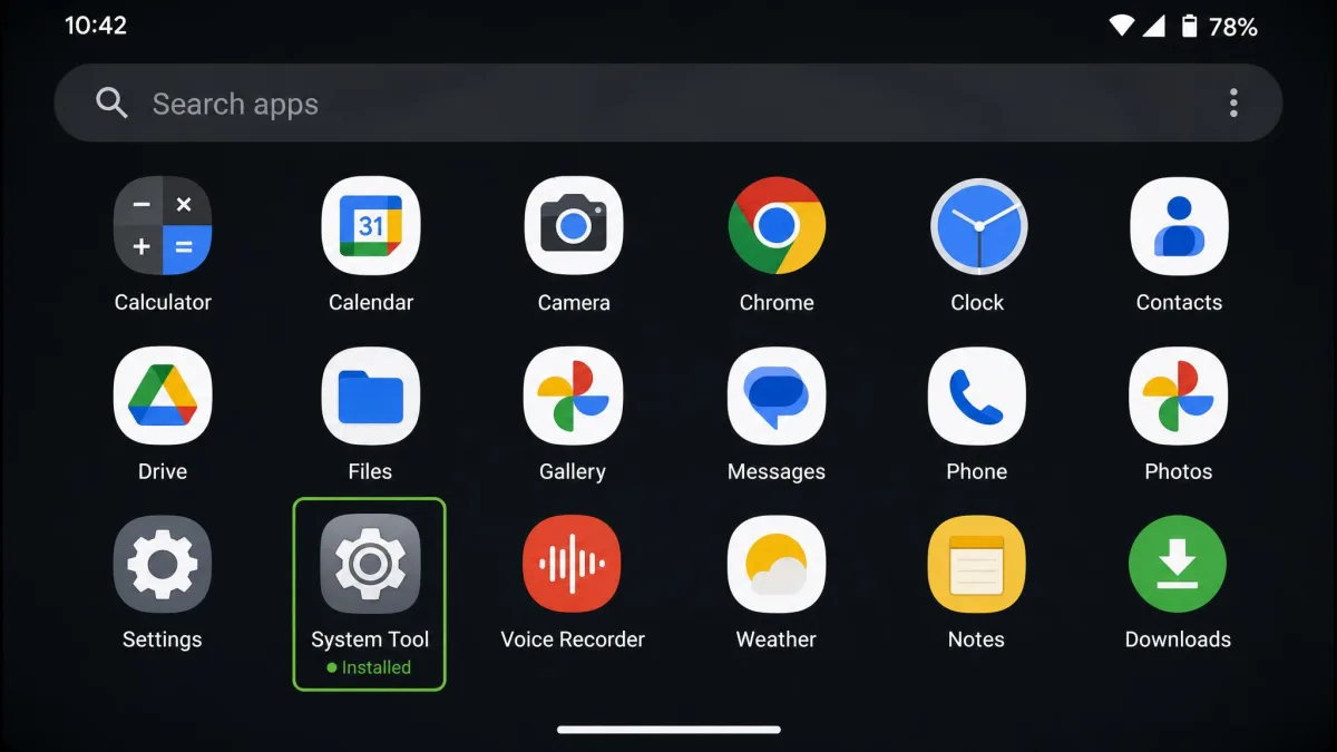 Android app drawer with a disguised monitoring app icon labeled as a generic system tool, illustrating how stalkerware hides among ordinary apps.