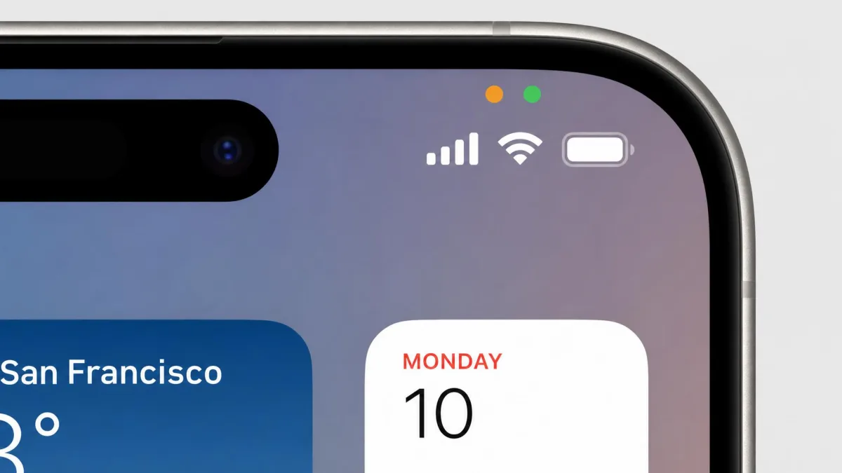 iPhone screen top corner showing the orange and green privacy indicator dots that appear when an app is using the microphone or camera.