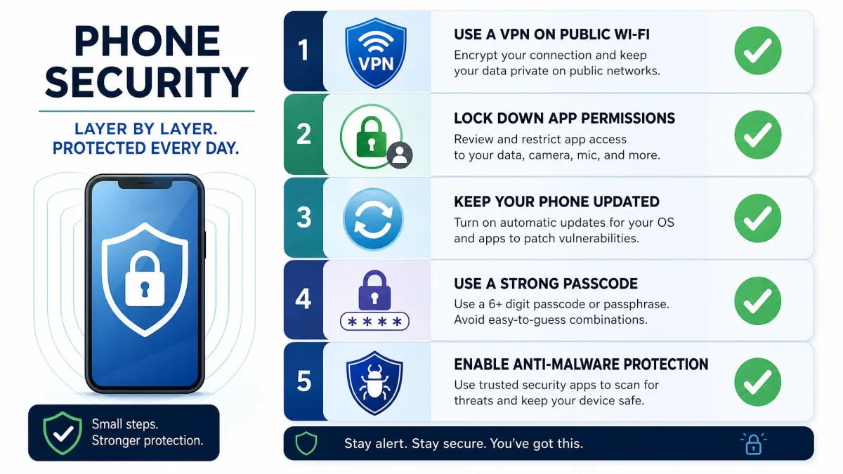 Checklist graphic showing layered phone security steps including VPN on public Wi-Fi, locked app permissions, automatic updates, a strong passcode, and anti-malware protection.